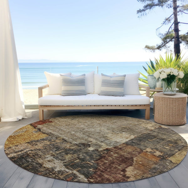 Homeroots 3' Stylish Khaki Charcoal & Terra Cotta Abstract Washable Area Rug For Indoor & Outdoor Spaces 8' Round Polyester 606039