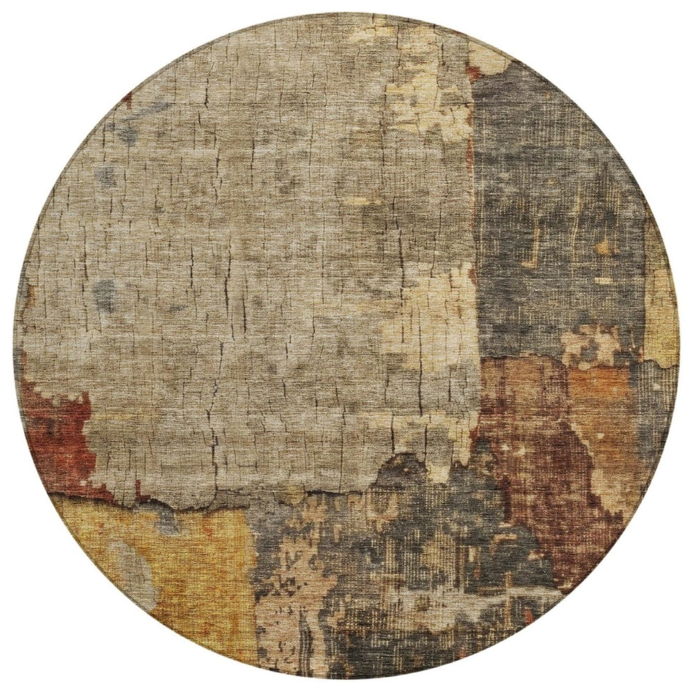 HomeRoots 5' Contemporary Washable Area Rug in Khaki, Charcoal & Terra Cotta – Perfect for Indoor & Outdoor Use 8' Round 606039