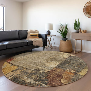 Homeroots 3' Stylish Khaki Charcoal & Terra Cotta Abstract Washable Area Rug For Indoor & Outdoor Spaces 8' Round Polyester 606039