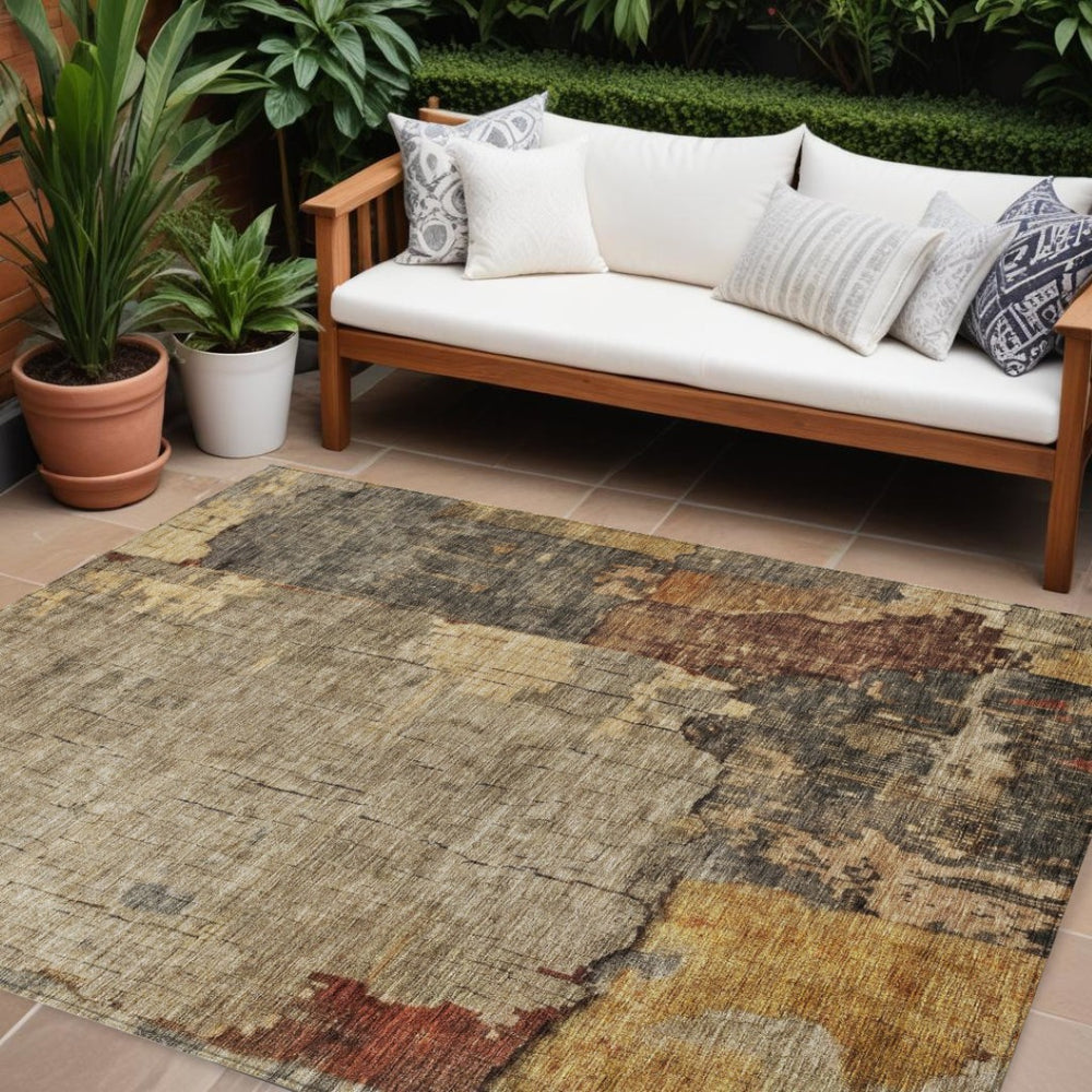 HomeRoots 9' X 12' Abstract Washable Area Rug in Khaki, Charcoal & Terra Cotta – Perfect for Indoor/Outdoor Use! 606041