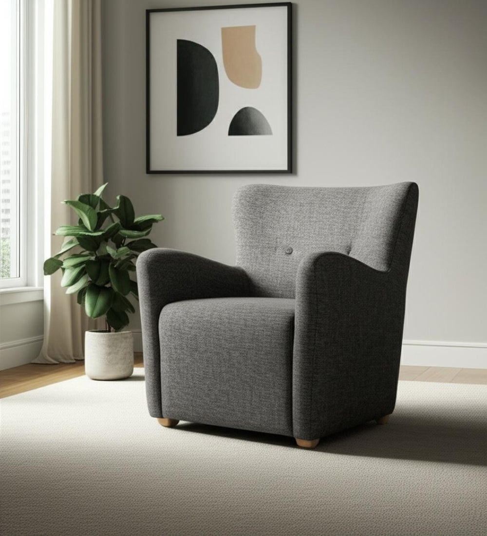 HomeRoots 32" Gray Polyester Wingback Accent Chair with Brown Wood Legs for Timeless Comfort & Style 606043