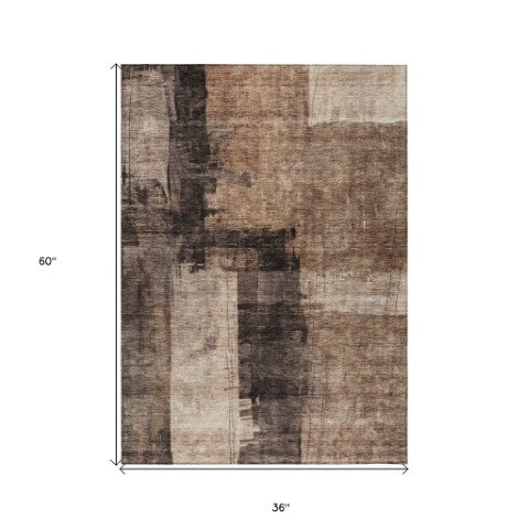 Homeroots 3' Abstract Brown Black And Tan Washable Area Rug For Indoor And Outdoor Use, Durable And Stylish 3' X 5' Polyester 606044