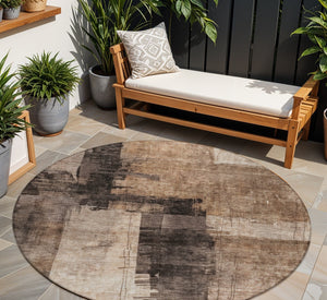 Homeroots 3' Abstract Brown Black And Tan Washable Area Rug For Indoor And Outdoor Use, Durable And Stylish 8' Round Polyester 606046