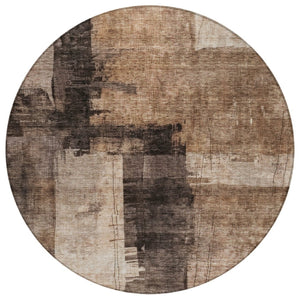 HomeRoots 5' Abstract Washable Area Rug in Brown, Black & Tan - Stylish Indoor/Outdoor Décor for Any Space 8' Round 606046