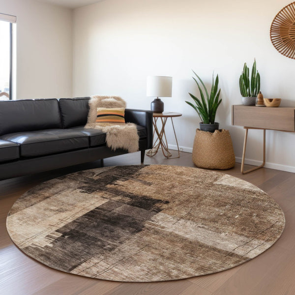 Homeroots 3' Abstract Brown Black And Tan Washable Area Rug For Indoor And Outdoor Use, Durable And Stylish 8' Round Polyester 606046