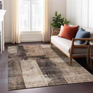 Homeroots 3' Abstract Brown Black And Tan Washable Area Rug For Indoor And Outdoor Use, Durable And Stylish 8' X 10' Polyester 606047