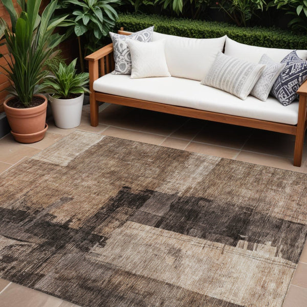Homeroots 3' Abstract Brown Black And Tan Washable Area Rug For Indoor And Outdoor Use, Durable And Stylish 9' X 12' Polyester 606048