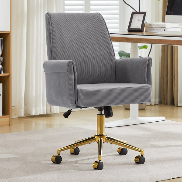 English Elm Mid-back Striped Fabric Office Chair with Gold Base Ergonomic Memory Foam Lumbar Gray W2311P420443