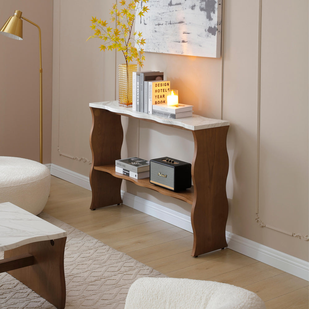 English Elm 47.24" Modern Console Table With White Marble Top & Walnut Wood Veneer - Stylish Entryway Storage Solution W2664P346441