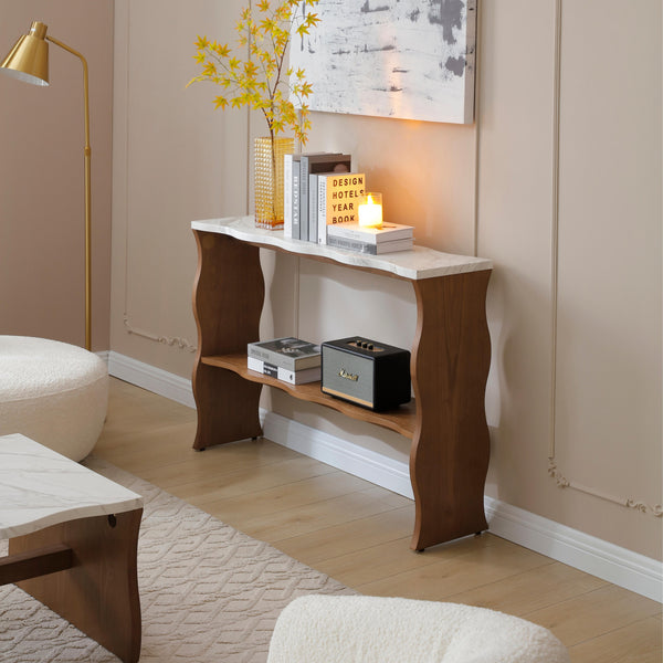 English Elm 47.24" Modern Console Table With White Marble Top & Walnut Wood Veneer - Stylish Entryway Storage Solution W2664P346441