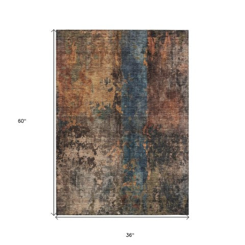 Homeroots 3' Abstract Blue Copper And Brown Washable Area Rug For Indoor And Outdoor Spaces, Stain Resistant 3' X 5' Polyester 606056