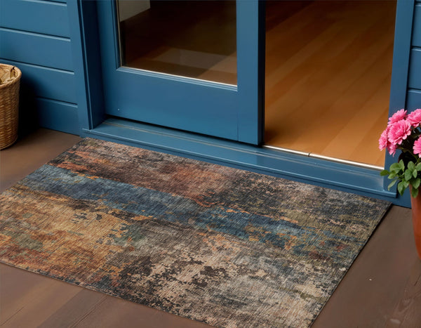 Homeroots 3' Abstract Blue Copper And Brown Washable Area Rug For Indoor And Outdoor Spaces, Stain Resistant 3' X 5' Polyester 606056