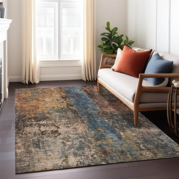 Homeroots 3' Abstract Blue Copper And Brown Washable Area Rug For Indoor And Outdoor Spaces, Stain Resistant 3' X 5' Polyester 606056