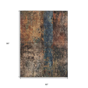 Homeroots 3' Abstract Blue Copper And Brown Washable Area Rug For Indoor And Outdoor Spaces, Stain Resistant 5' X 8' Polyester 606057
