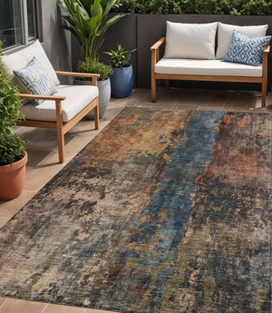 Homeroots 3' Abstract Blue Copper And Brown Washable Area Rug For Indoor And Outdoor Spaces, Stain Resistant 5' X 8' Polyester 606057