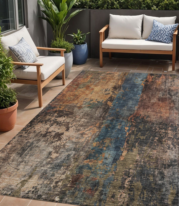 Homeroots 3' Abstract Blue Copper And Brown Washable Area Rug For Indoor And Outdoor Spaces, Stain Resistant 5' X 8' Polyester 606057