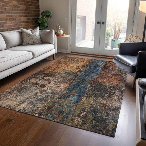 Homeroots 3' Abstract Blue Copper And Brown Washable Area Rug For Indoor And Outdoor Spaces, Stain Resistant 5' X 8' Polyester 606057