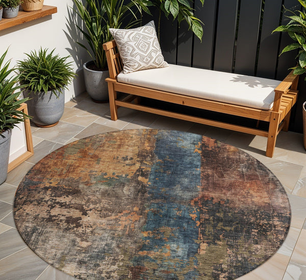 Homeroots 3' Abstract Blue Copper And Brown Washable Area Rug For Indoor And Outdoor Spaces, Stain Resistant 8' Round Polyester 606058