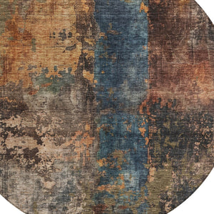 Homeroots 3' Abstract Blue Copper And Brown Washable Area Rug For Indoor And Outdoor Spaces, Stain Resistant 8' Round Polyester 606058