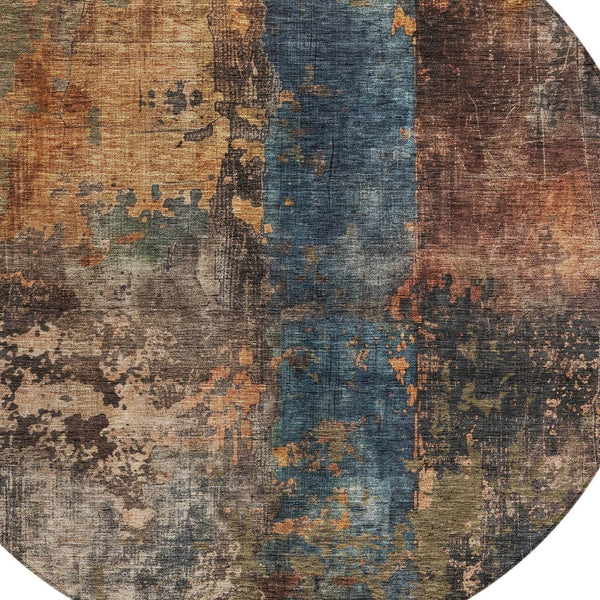 Homeroots 3' Abstract Blue Copper And Brown Washable Area Rug For Indoor And Outdoor Spaces, Stain Resistant 8' Round Polyester 606058