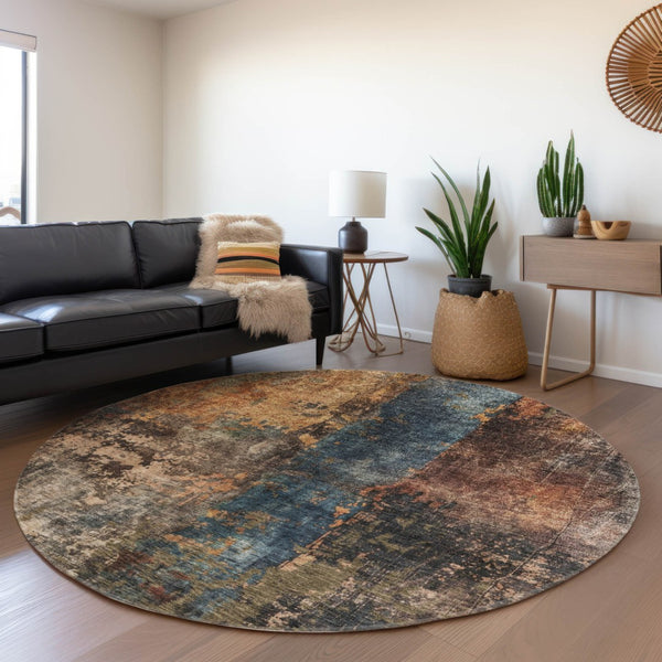 Homeroots 3' Abstract Blue Copper And Brown Washable Area Rug For Indoor And Outdoor Spaces, Stain Resistant 8' Round Polyester 606058