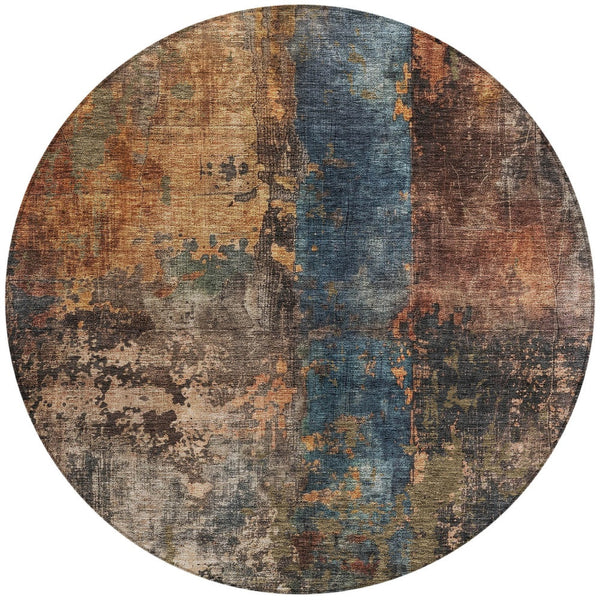 Homeroots 3' Abstract Blue Copper And Brown Washable Area Rug For Indoor And Outdoor Spaces, Stain Resistant 8' Round Polyester 606058