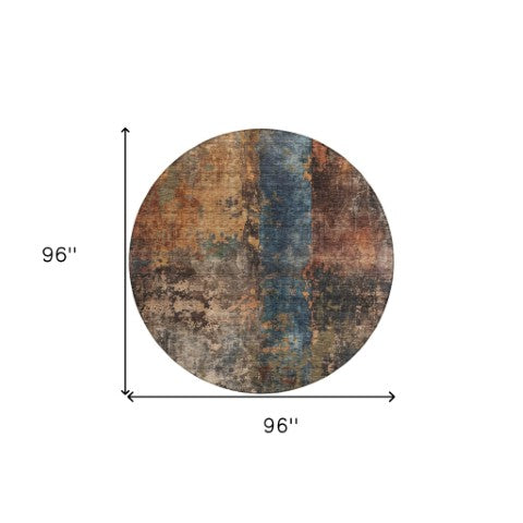 Homeroots 3' Abstract Blue Copper And Brown Washable Area Rug For Indoor And Outdoor Spaces, Stain Resistant 8' Round Polyester 606058