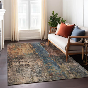Homeroots 3' Abstract Blue Copper And Brown Washable Area Rug For Indoor And Outdoor Spaces, Stain Resistant 8' X 10' Polyester 606059
