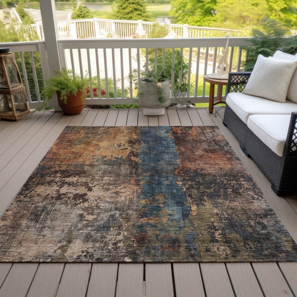 Homeroots 3' Abstract Blue Copper And Brown Washable Area Rug For Indoor And Outdoor Spaces, Stain Resistant 8' X 10' Polyester 606059