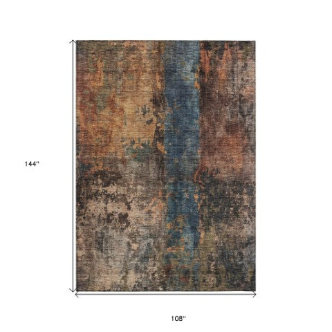 Homeroots 3' Abstract Blue Copper And Brown Washable Area Rug For Indoor And Outdoor Spaces, Stain Resistant 9' X 12' Polyester 606060