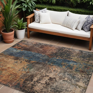 Homeroots 3' Abstract Blue Copper And Brown Washable Area Rug For Indoor And Outdoor Spaces, Stain Resistant 10' X 14' Polyester 606061