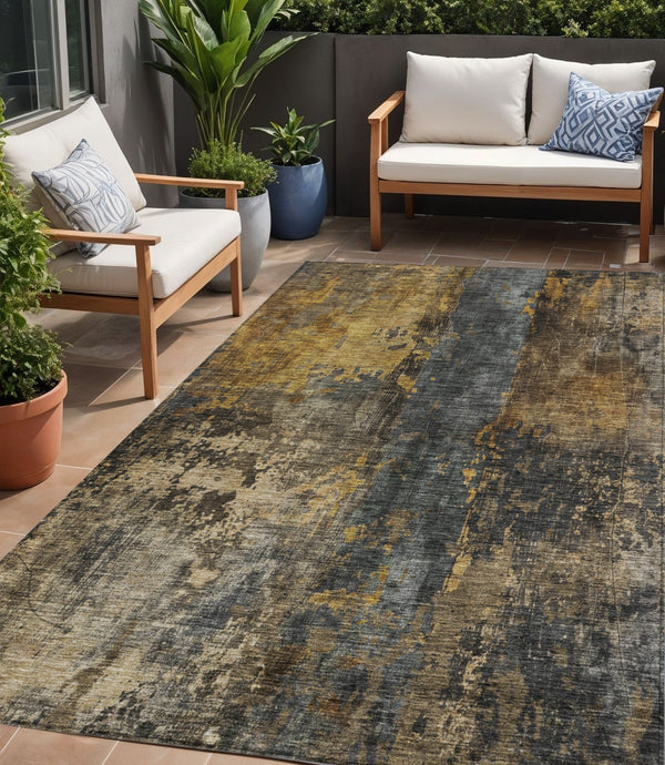 Homeroots 3' Abstract Blue Copper And Brown Washable Area Rug For Indoor And Outdoor Spaces, Stain Resistant 5' X 8' Polyester 606063