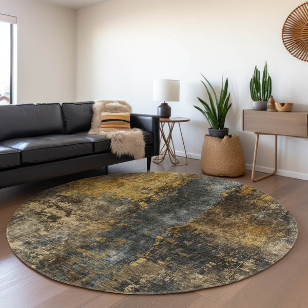 Homeroots 3' Abstract Blue Copper And Brown Washable Area Rug For Indoor And Outdoor Spaces, Stain Resistant 8' Round Polyester 606064
