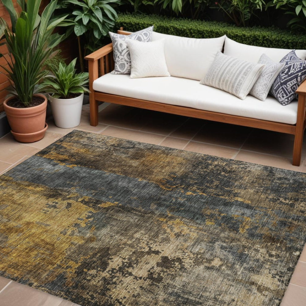 HomeRoots 9' X 12' Stylish Gray Brown Gold Abstract Washable Area Rug for Indoor & Outdoor Spaces, Durable Design 606066
