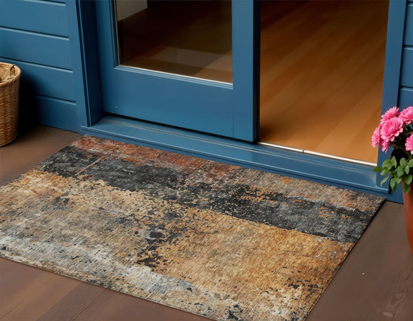 Homeroots 3' Stylish Copper And Black Abstract Washable Area Rug For Indoor And Outdoor Living Spaces 3' X 5' Polyester 606068