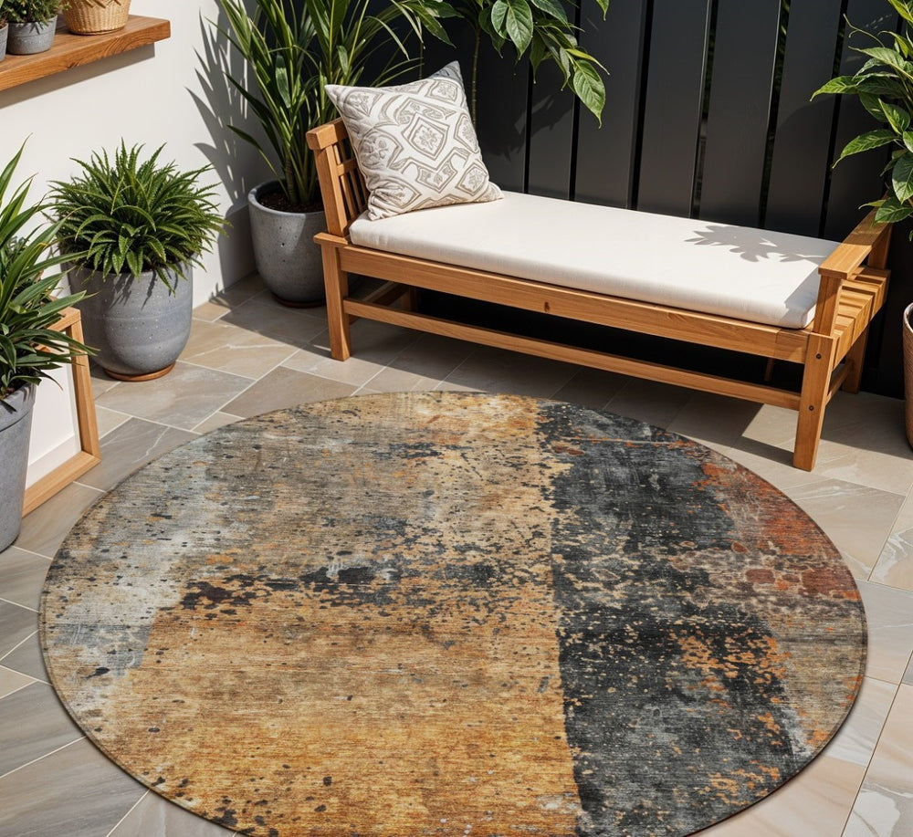 HomeRoots 5' Copper and Black Abstract Washable Indoor-Outdoor Area Rug – Stylish, Durable, and Easy Care 8' Round 606070
