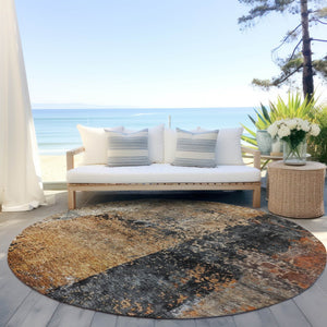 Homeroots 3' Stylish Copper And Black Abstract Washable Area Rug For Indoor And Outdoor Living Spaces 8' Round Polyester 606070
