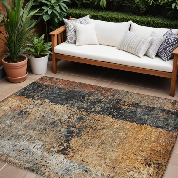 Homeroots 3' Stylish Copper And Black Abstract Washable Area Rug For Indoor And Outdoor Living Spaces 8' X 10' Polyester 606071