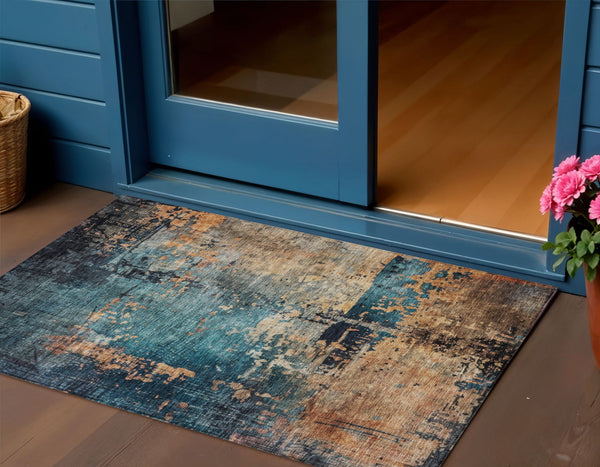 Homeroots 3' Stunning Teal Blue And Copper Abstract Washable Area Rug For Indoor And Outdoor Spaces 3' X 5' Polyester 606074