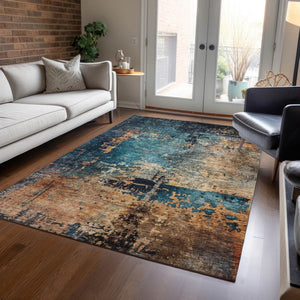Homeroots 3' Stunning Teal Blue And Copper Abstract Washable Area Rug For Indoor And Outdoor Spaces 3' X 5' Polyester 606074