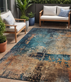 Homeroots 3' Stunning Teal Blue And Copper Abstract Washable Area Rug For Indoor And Outdoor Spaces 5' X 8' Polyester 606075