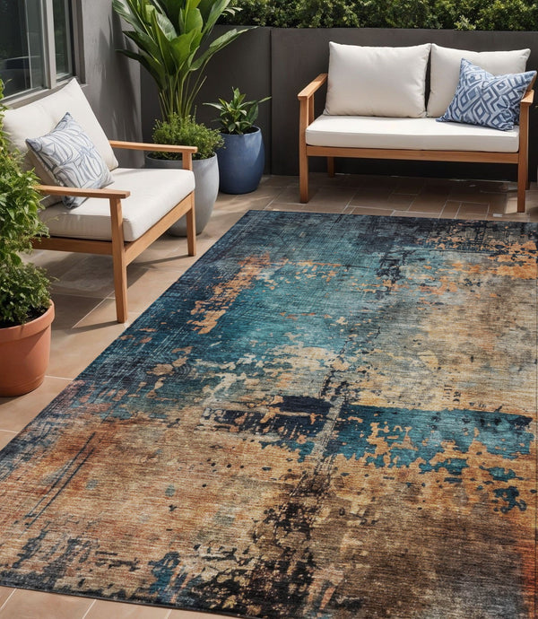 Homeroots 3' Stunning Teal Blue And Copper Abstract Washable Area Rug For Indoor And Outdoor Spaces 5' X 8' Polyester 606075