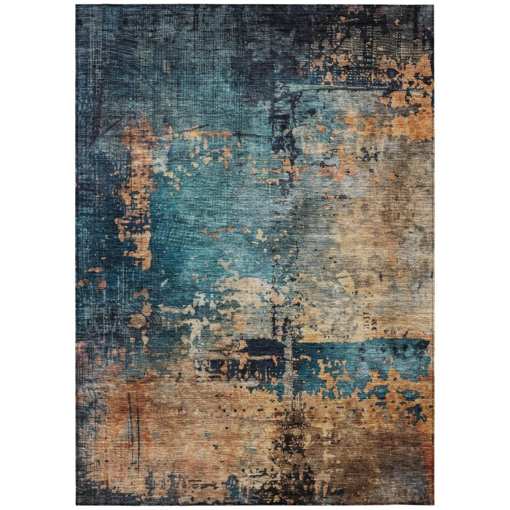 HomeRoots 5' Abstract Teal Blue and Copper Area Rug – Stylish Washable Indoor/Outdoor Design for High-Traffic Areas 5' X 8' 606075
