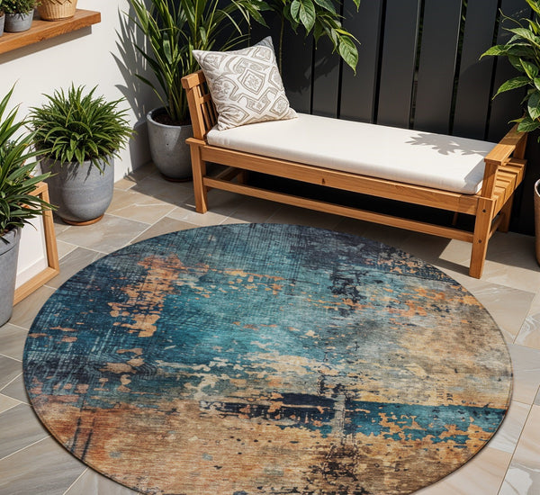 Homeroots 3' Stunning Teal Blue And Copper Abstract Washable Area Rug For Indoor And Outdoor Spaces 8' Round Polyester 606076
