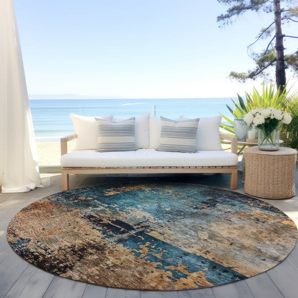 Homeroots 3' Stunning Teal Blue And Copper Abstract Washable Area Rug For Indoor And Outdoor Spaces 8' Round Polyester 606076