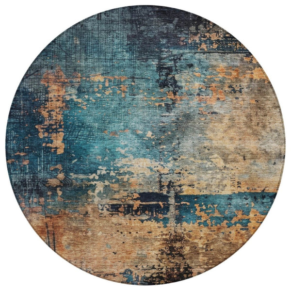 HomeRoots 5' Abstract Teal Blue and Copper Area Rug – Stylish Washable Indoor/Outdoor Design for High-Traffic Areas 8' Round 606076