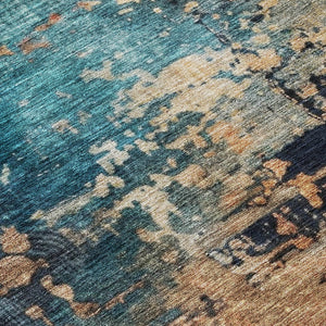 Homeroots 3' Stunning Teal Blue And Copper Abstract Washable Area Rug For Indoor And Outdoor Spaces 8' Round Polyester 606076