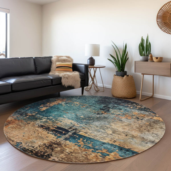 Homeroots 3' Stunning Teal Blue And Copper Abstract Washable Area Rug For Indoor And Outdoor Spaces 8' Round Polyester 606076
