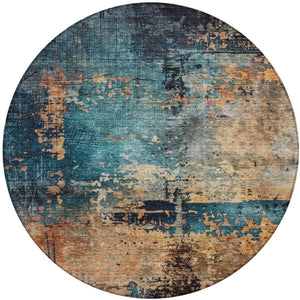 Homeroots 3' Stunning Teal Blue And Copper Abstract Washable Area Rug For Indoor And Outdoor Spaces 8' Round Polyester 606076