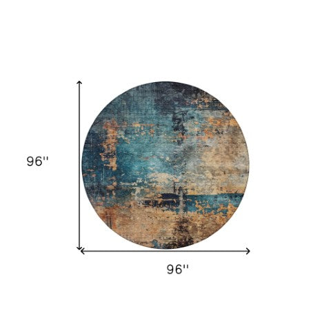 Homeroots 3' Stunning Teal Blue And Copper Abstract Washable Area Rug For Indoor And Outdoor Spaces 8' Round Polyester 606076